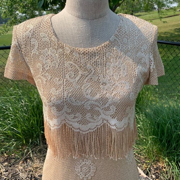 Vintage Maxi Dress Metallic Gold Lace Fringe Mother of the Bride Evening Gown - Picture 2 of 16